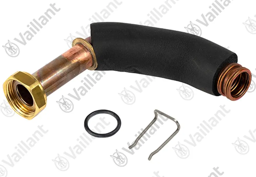Vaillant Rohr mit einem gebogenen Ende, einer Metallbefestigung, einer O-Ring-Dichtung und einem Halteclip. Es handelt sich um ein Verbindungselement für Heizungs- oder Sanitärinstallationen.